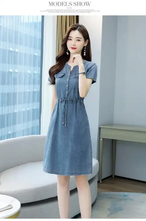 夏季新款时尚气质休闲个性牛仔系带连衣裙支持鸿·星尔克 浅蓝色 m