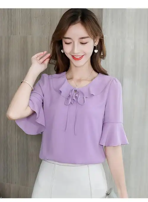 雪纺衫女夏装2019新款荷叶边衬衫短袖宽松洋气小衫系带喇叭袖上衣 浅