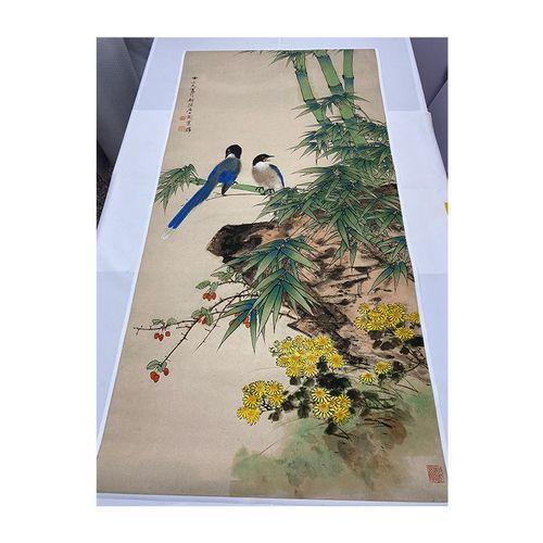田世光 翠竹双寿图 近代工笔花鸟竹子国画竖幅装饰画微喷复制品