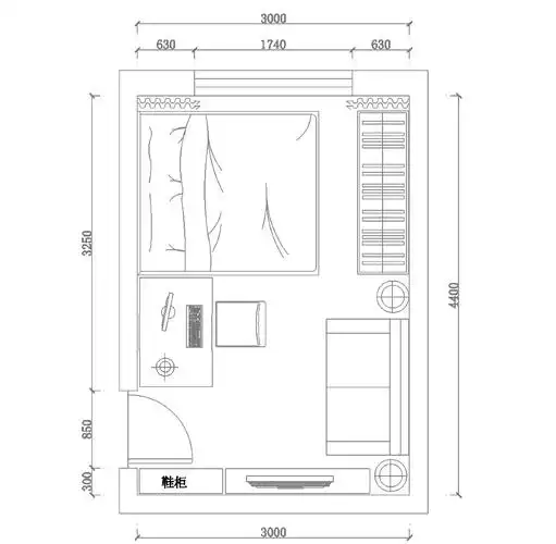 6衣柜,1.2*0.8电脑桌(画宽了),1.5*0.9沙发床,两侧有落地灯,1*0.
