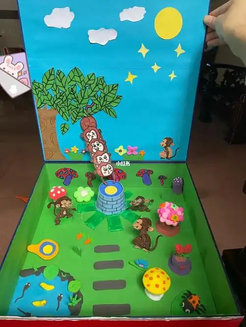 幼儿园手工作品故事盒子猴子捞月