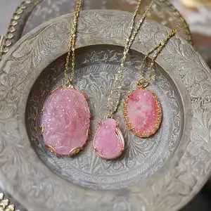 ayw荔枝-欧美回流樱花粉色老琉璃超大宝石中古董吊坠原创设计项链