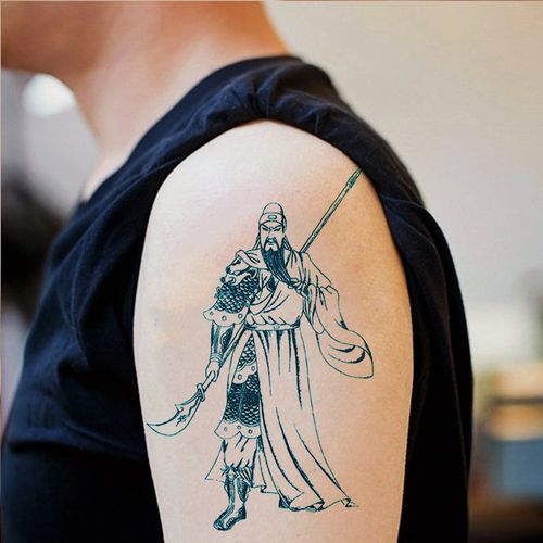 割线关羽纹身贴男女款防水持久刺青大图小腿关公龙纹身贴纸逼真