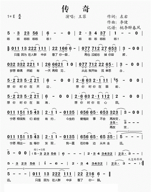王菲李健传奇的简谱歌谱_歌谱_歌词曲谱