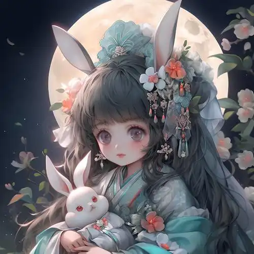 玉兔与女孩国潮温馨中秋创意插画ai平面元素免费下载_png格式_2784