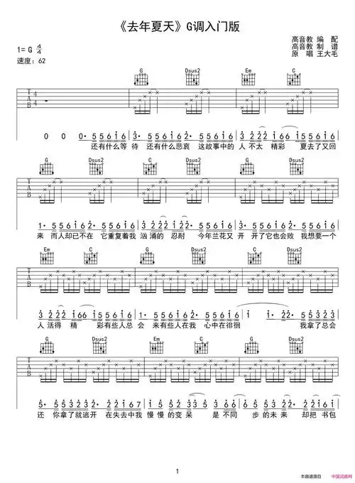 去年夏天吉他谱g调入门版 高音教编配简谱1