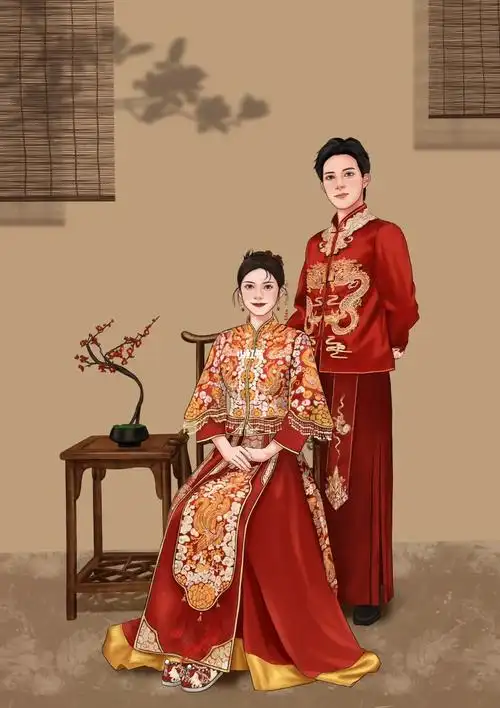 婚礼手绘古典中式婚纱照手绘