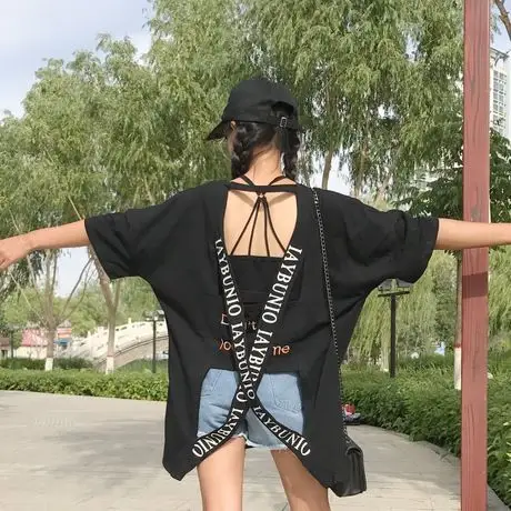 实拍港风原宿风后背刺绣印花字母交叉镂空露背t恤女潮流