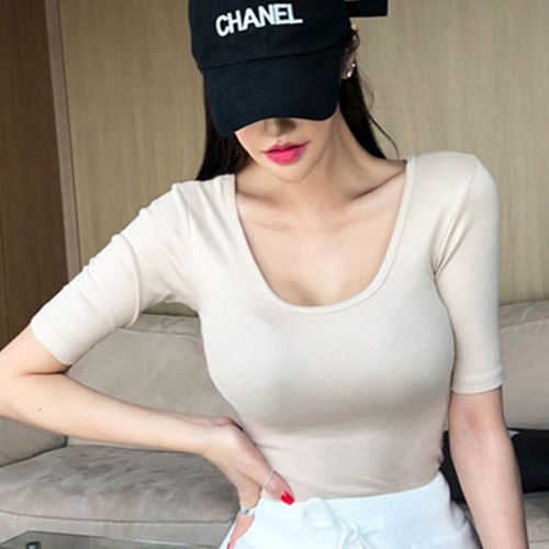 韩国东大门性感纯显胸大紧身显瘦低胸五分袖t恤上衣女装
