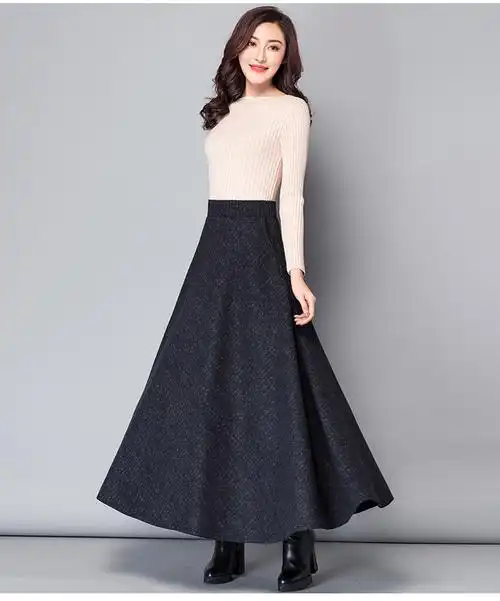 裙春秋款毛呢秋冬季中年女士妈妈高腰a字加厚大摆半截过膝长裙中长款