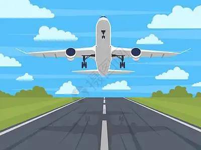 飞机起飞蓝色系插画_飞机起飞蓝色系卡通_飞机起飞蓝色系插图_手绘_板