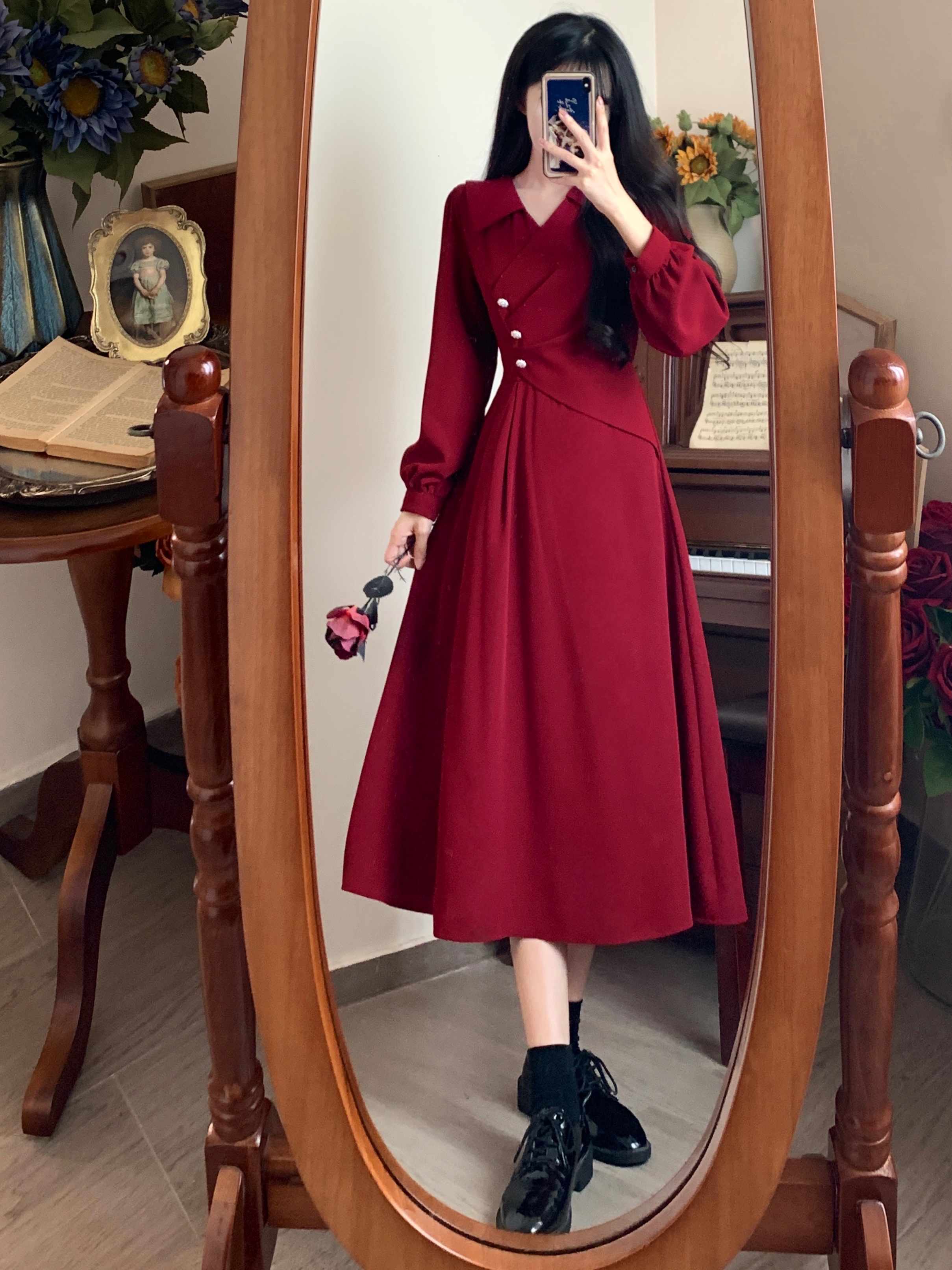 敬酒服新娘女酒红色长袖结婚订婚礼服连衣裙回门便装平时可穿 - 17网