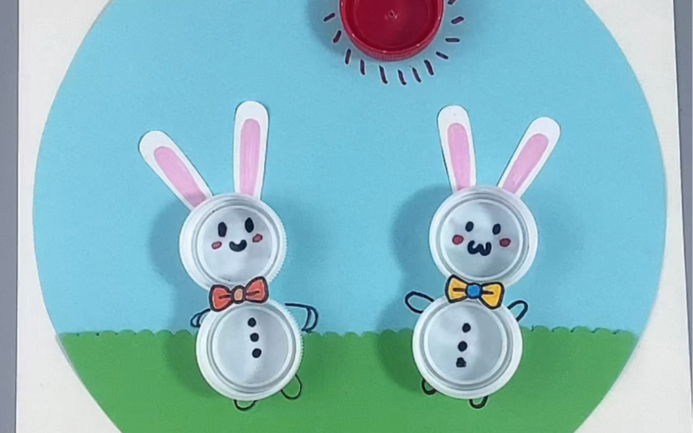用瓶盖做儿童创意小白兔拼贴画吧,太可爱了#幼儿园手工 #废物利用