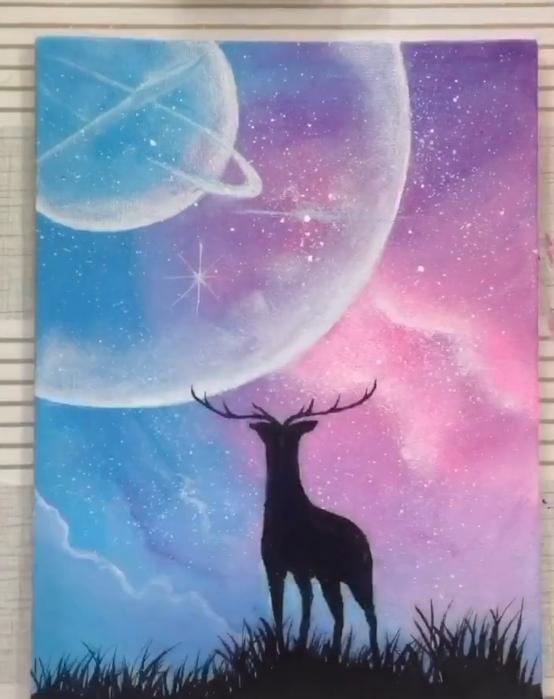 美术生教粉丝画星空鹿,开始看着一脸懵圈,成画后瞬间跪服