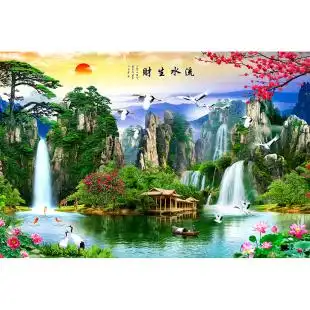 山水画海报瀑布花开富贵旭日东升墙贴纸客厅挂画流水生财自粘壁画