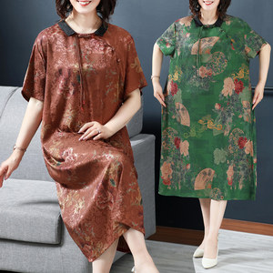 中老年女装夏装短袖连衣裙真丝缎面民族风妈妈裙子加肥加大200斤