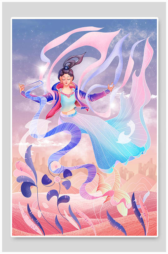 国潮插画粉色系仙女下凡