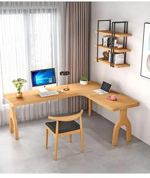 捷陆龙学习桌中学生北欧实木转角书桌书架组合一体桌家用拐角写字台型