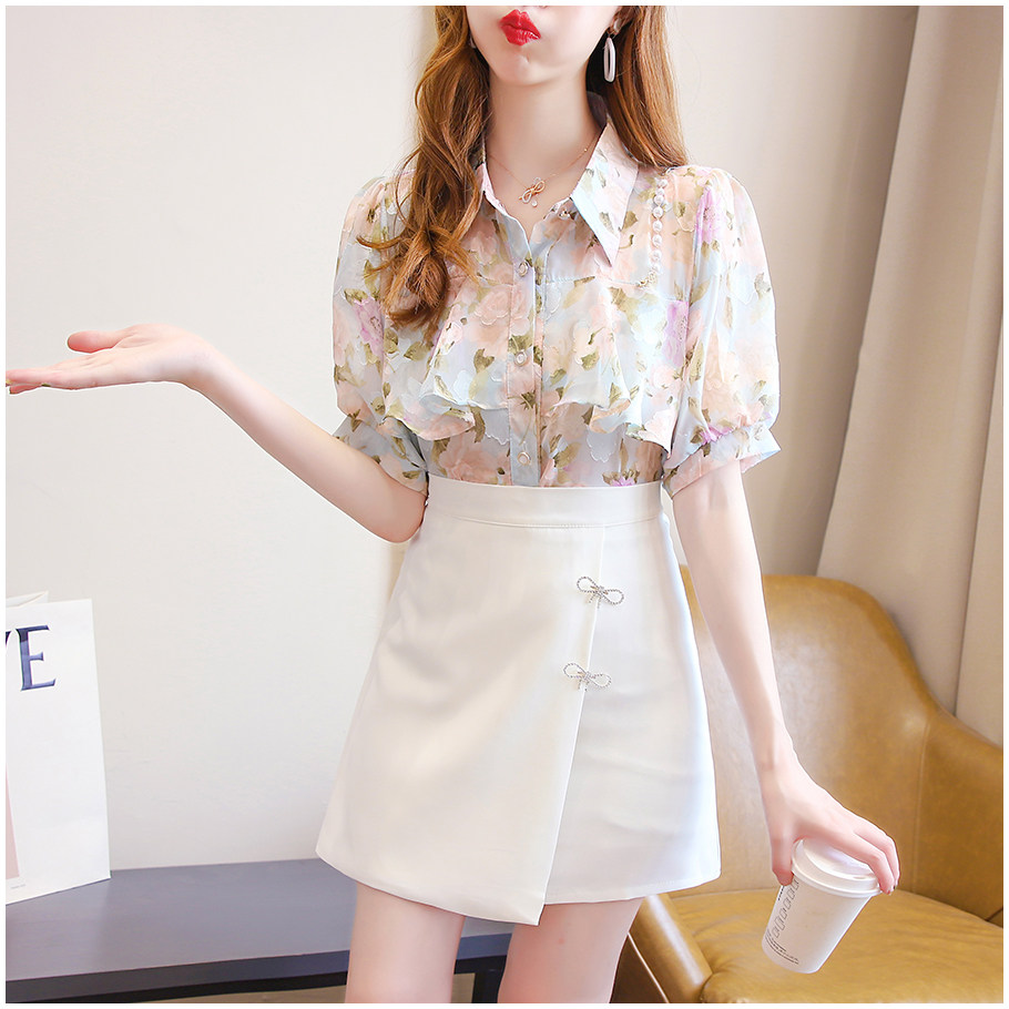 夏季女装时尚搭配女神范套装2022新款气质印花雪纺衬衫短裙两件套