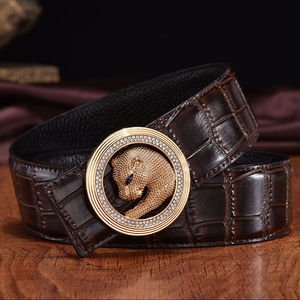 史蒂芬皮匠男士皮带个性豹子头平滑扣时尚竹节纹牛皮裤腰带潮黑色