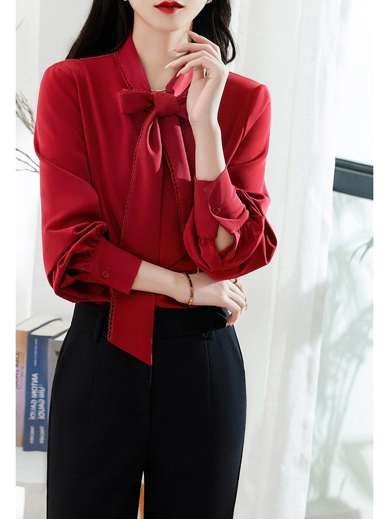 红色衬衫女洋气时尚2022年新款宽松气质高级感飘带领通勤长袖衬衣