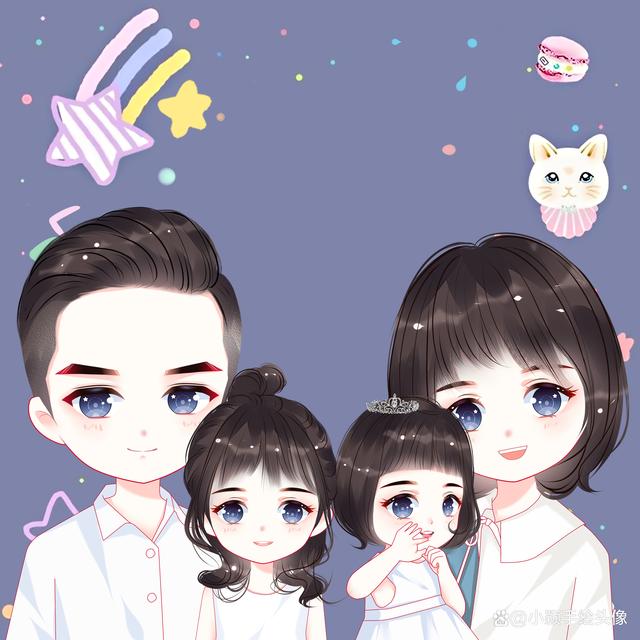 可爱卡通头像,一家四口手绘漫画全家福,简单的幸福更特别