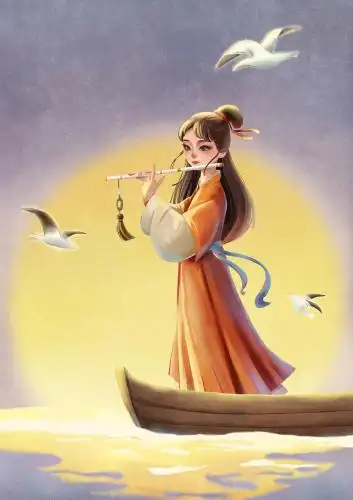 一个古风美人站在船上吹笛子