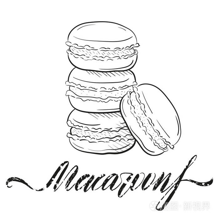 零食, 一堆马卡龙.餐厅或咖啡馆菜单的剪贴画.线条艺术