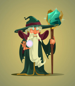 仙女尾巴老巫师魔术师人物拿着魔法棒. 矢量平面卡通人物图照片