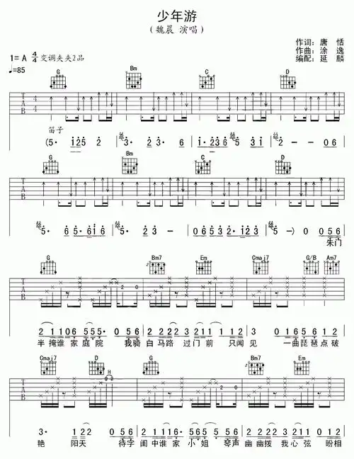 少年游吉他谱  魏晨曲谱图片第1张