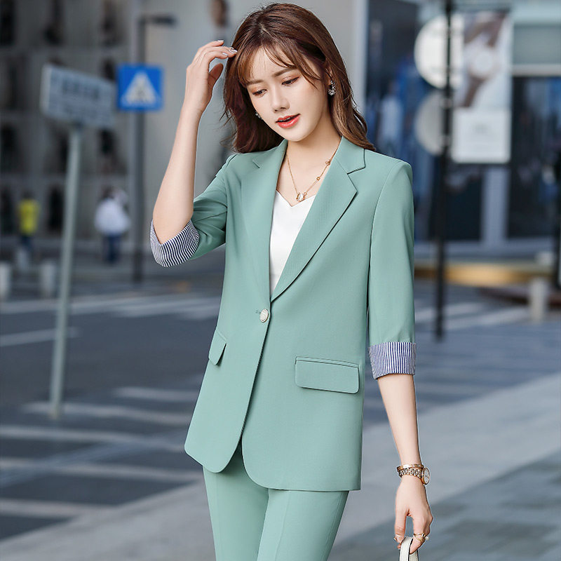 休闲女装七分工作服高端粉色女神范气质职业装女薄款时尚套装