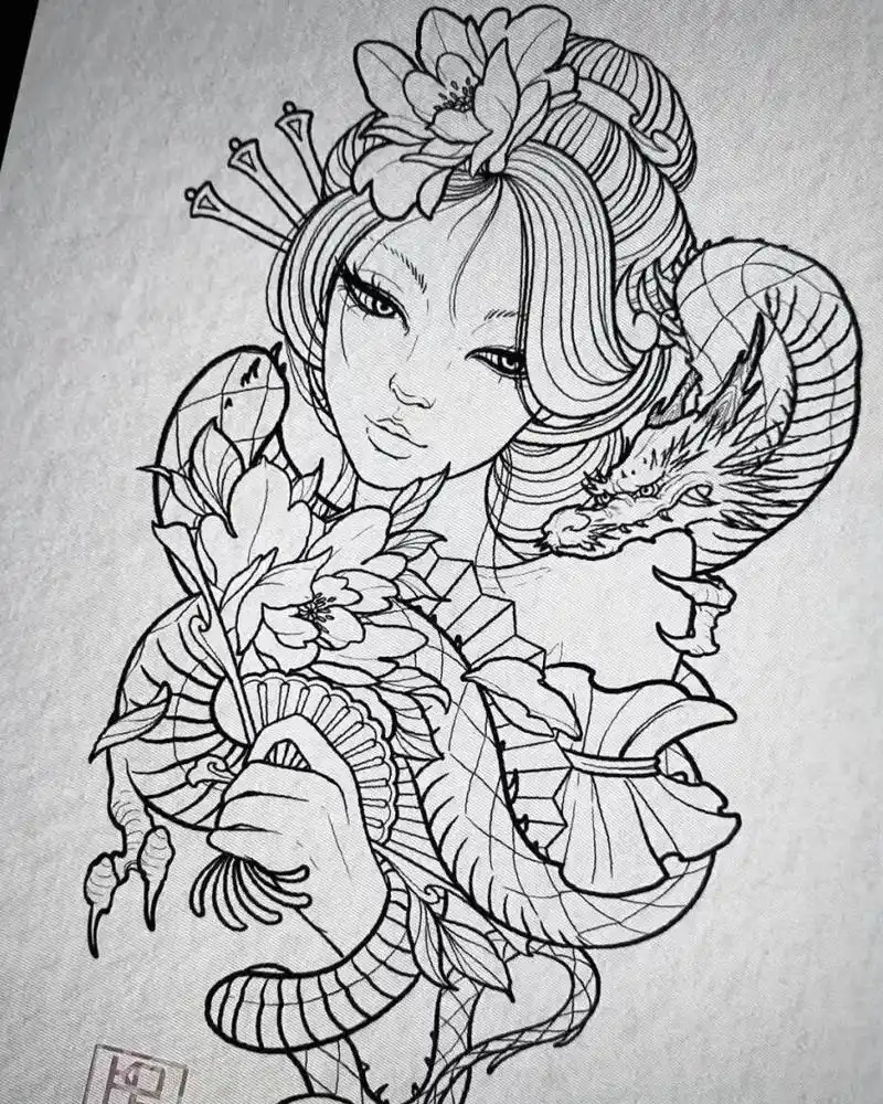 艺伎线稿纹身图案.#艺伎 #艺伎纹身 #永川纹身 - 抖音