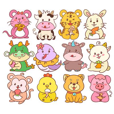 卡通可爱拟人化十二生肖套图插画素材png
