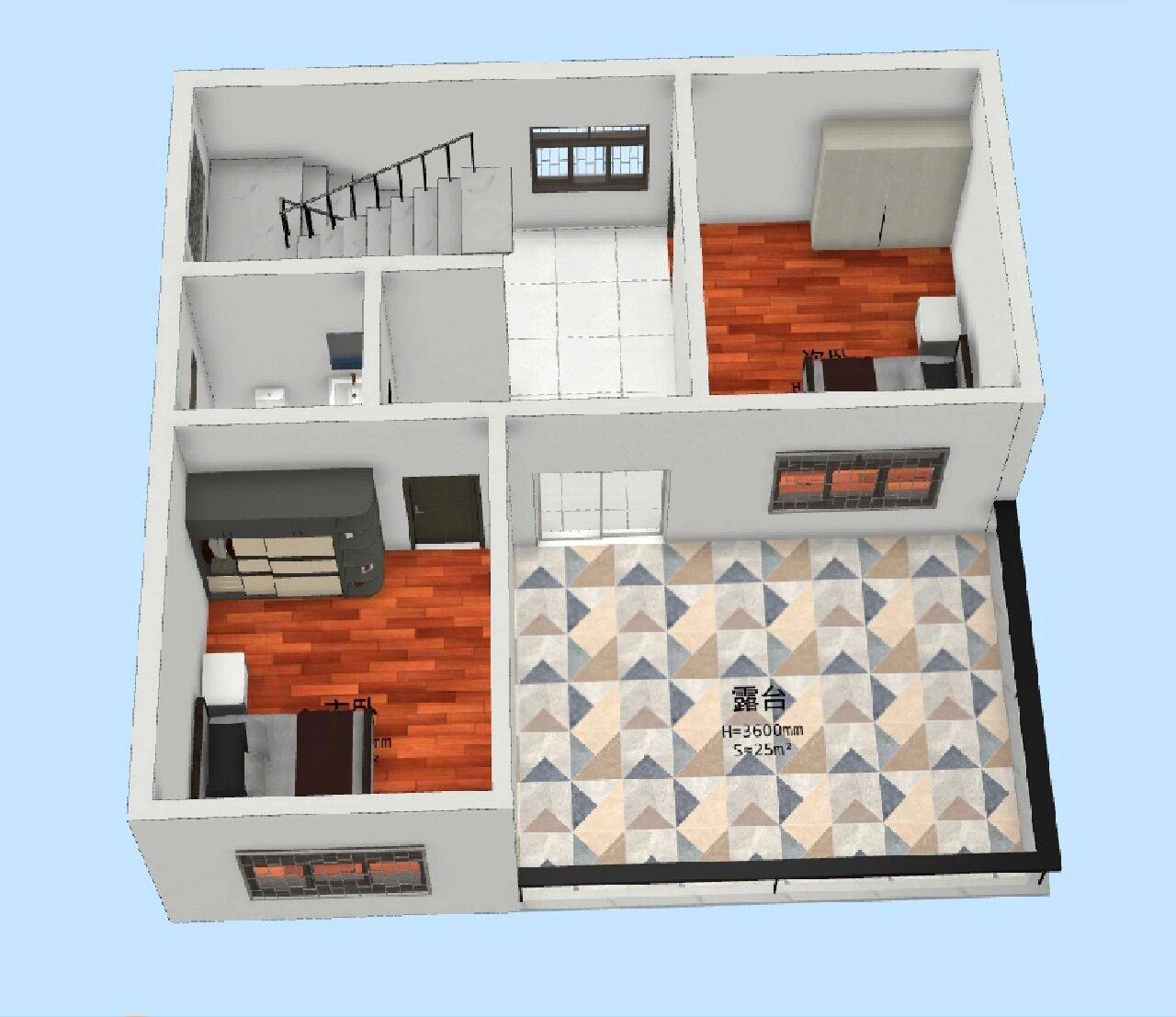 3d平面图～80平两层半农村自建房图纸(三) 进深8米,开间10米.