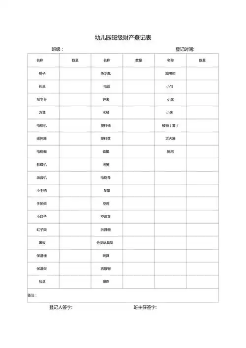 幼儿园班级财产登记表