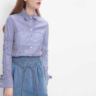 衬衫 奥芝国 棉 男友风 色织蓝白条纹 长袖绑带 宽松燕尾摆衬衫