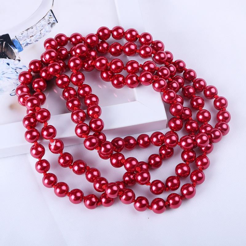 潮流复古长款红色打结仿珍珠毛衣链经典气质多层珍珠项链首饰