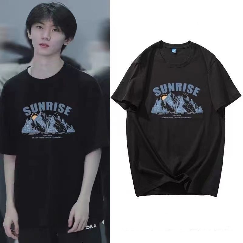 6535马嘉祺同款雪山日落印花短袖t恤男女宽松夏季超火欧美上衣潮 - 17