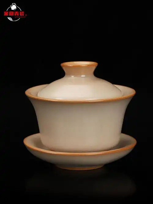 哥窑王文金边白玉猪油冻家用手工盖碗大号茶杯功夫三才泡茶碗单个