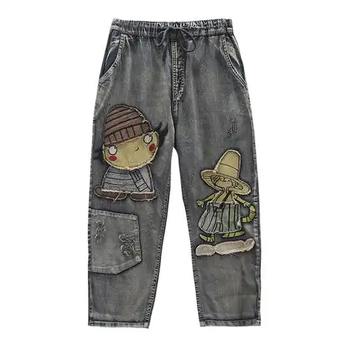 咖咪雨新款破洞七分牛仔裤女哈伦裤刺绣款深色卡通图案薄款女裤子