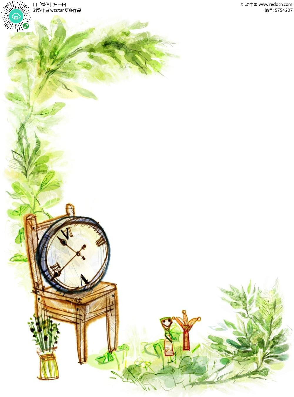 时钟绿树手绘插画psd海报素材