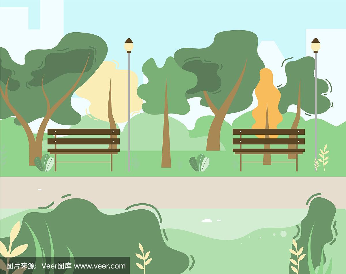 城市公园景色与绿树长椅卡通