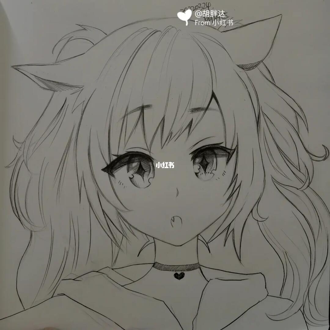 手绘线稿猫耳少女4