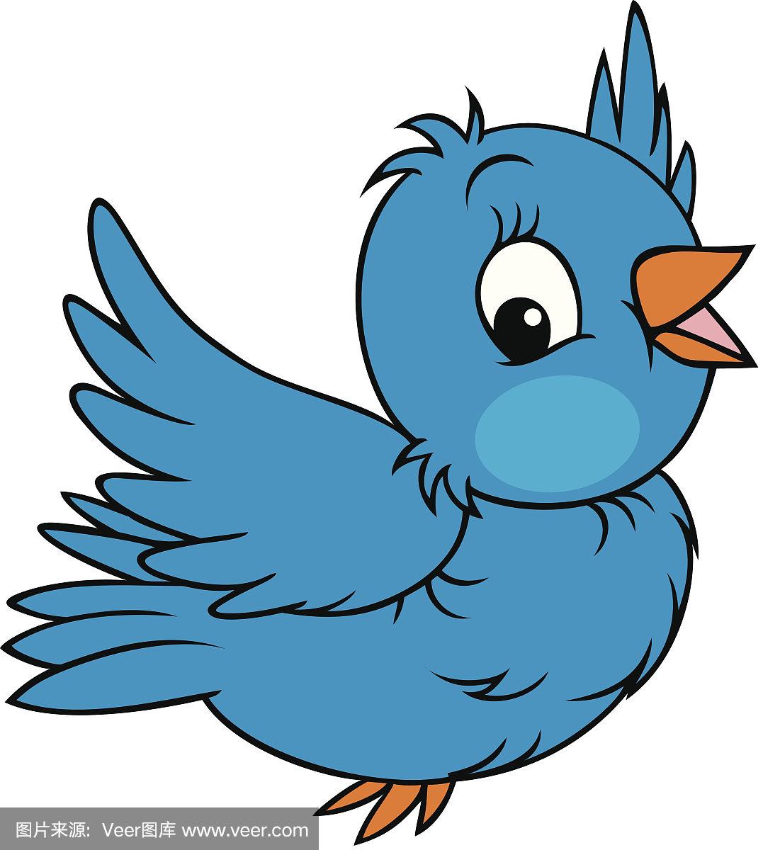 卡通画的一个快乐的蓝色的鸟与它的翅膀展开