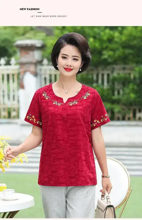 中老年夏装棉麻套装女士短袖t恤50岁中年妈妈夏季上衣裤子两件套_省钱