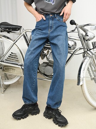 复古牛仔裤男直筒水洗蓝休闲百搭潮牌长裤