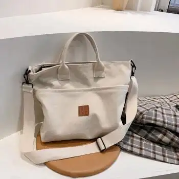 帆布包女单肩手提斜挎纯色简约大容量帆布兜布袋大学生上课书包女士