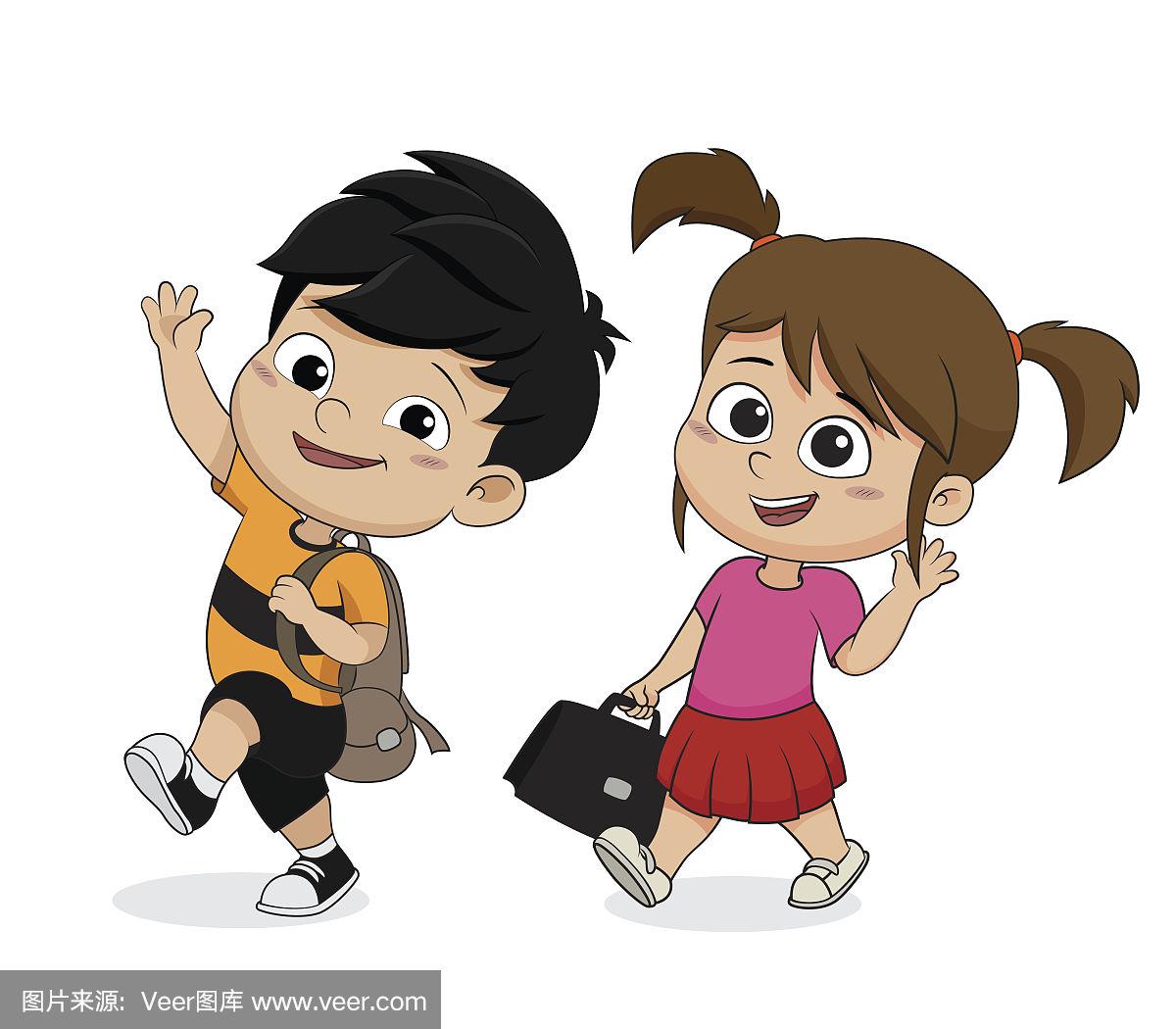 孩子走路去上学.回到学校.