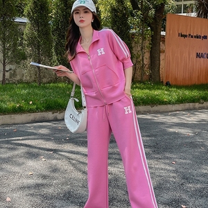 两件套女2022夏季休闲运动纯色拉链短袖上衣外套薄款直筒裤玫粉色