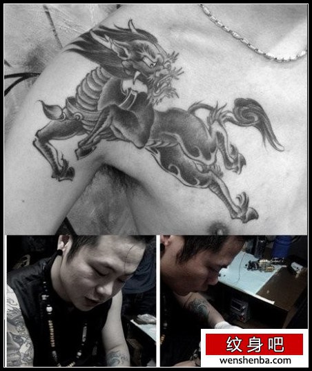 男性前胸到肩膀处超酷的麒麟纹身图案
